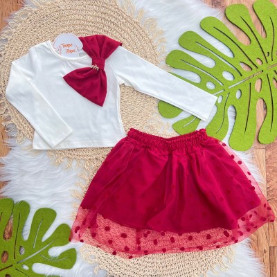 Conj. Blusa Manga Longa Big Laço e Short Saia em Tule com Bolinhas - Vermelho
